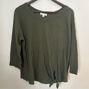 Nine Britton Top Waffle Knit Olive Green 3/4 Sleeve Tie Front Crewneck Neutral